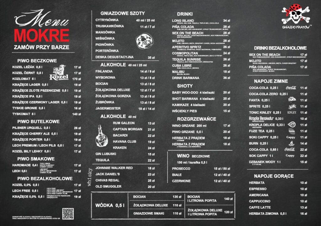 Menu Mokre - Napoje i alkohole - Gniazdo Piratów Tawerna